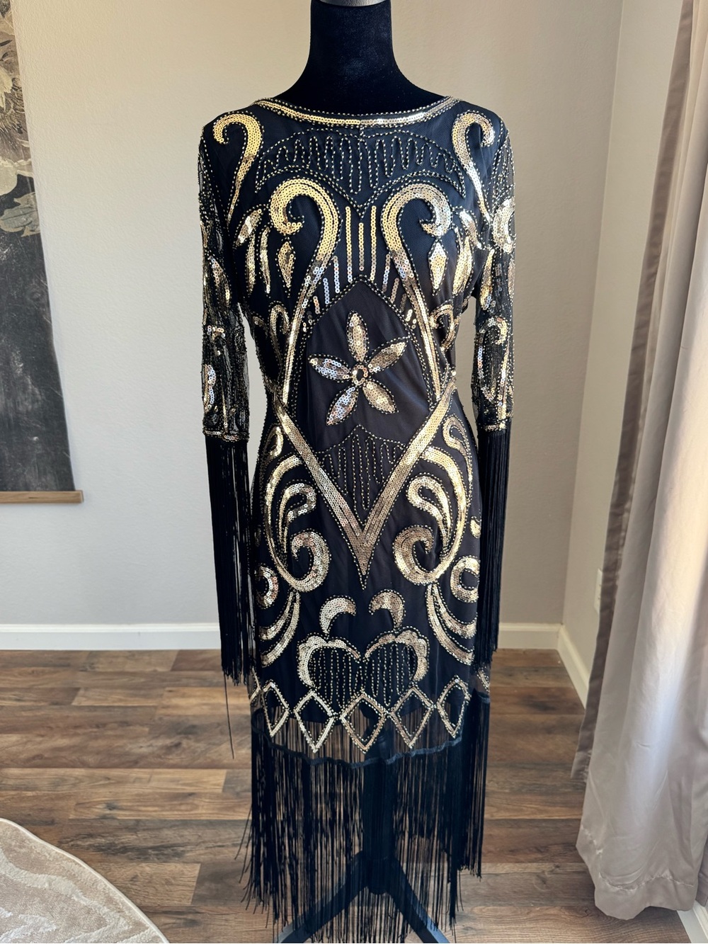 Beaded Black and Gold Long Sleeve Fringe Dress
